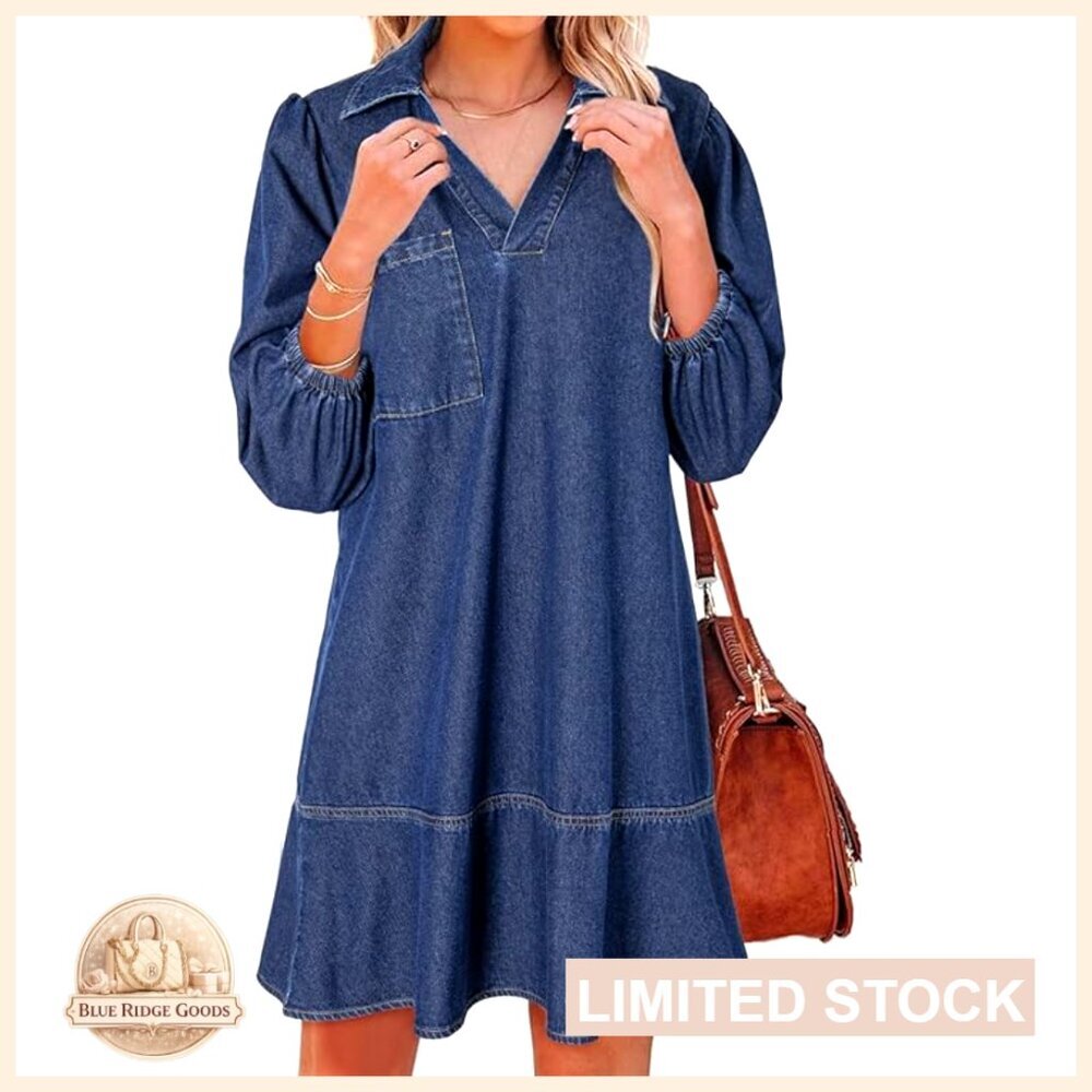 Denim Babydoll Dress V-Neck Puff Sleeve Casual Summer Fit & Flare Mini